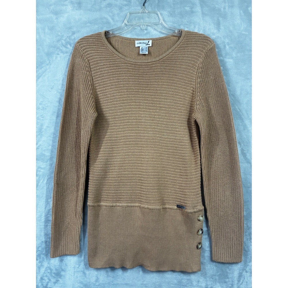 Collection L Womens Camel Tan Mixed Knit Side Button Long Sleeve Sweater Size 6